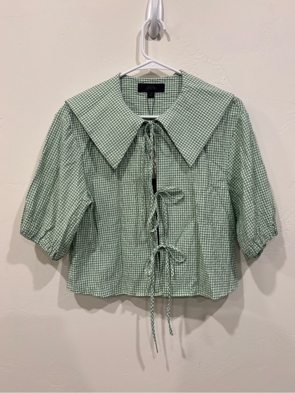 Zara Light Green Gingham Tie-Front Blouse